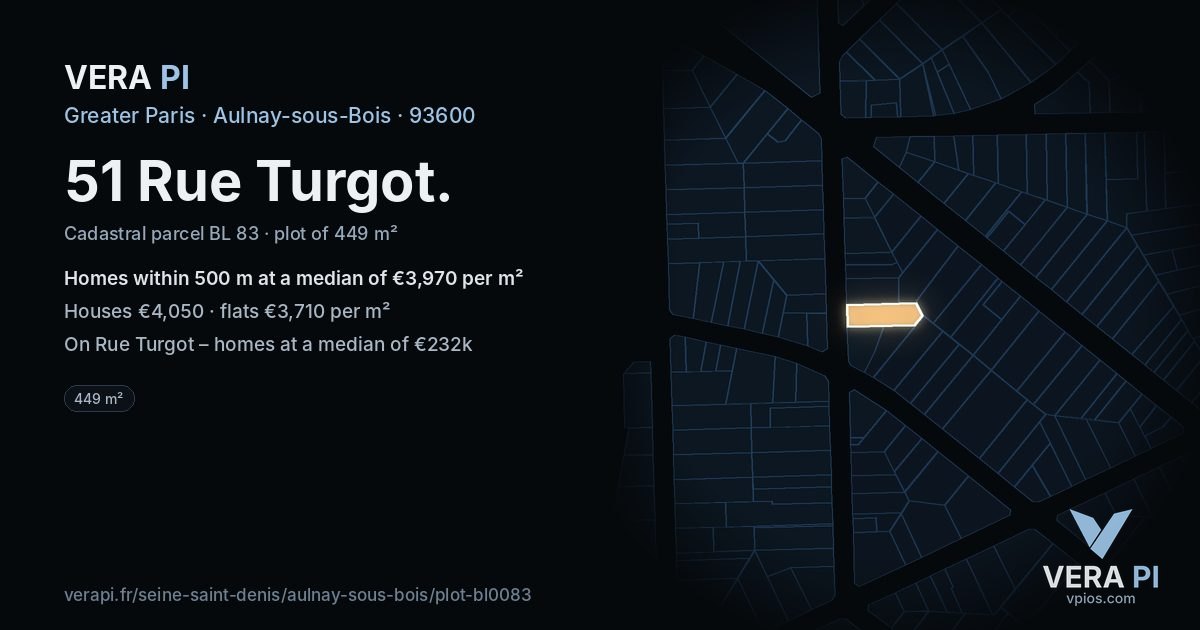 51 Rue Turgot, Aulnay-sous-Bois at night – the plot lit, the parcels around coloured by the prices near them