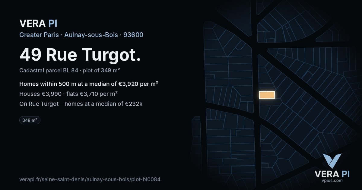 49 Rue Turgot, Aulnay-sous-Bois at night – the plot lit, the parcels around coloured by the prices near them