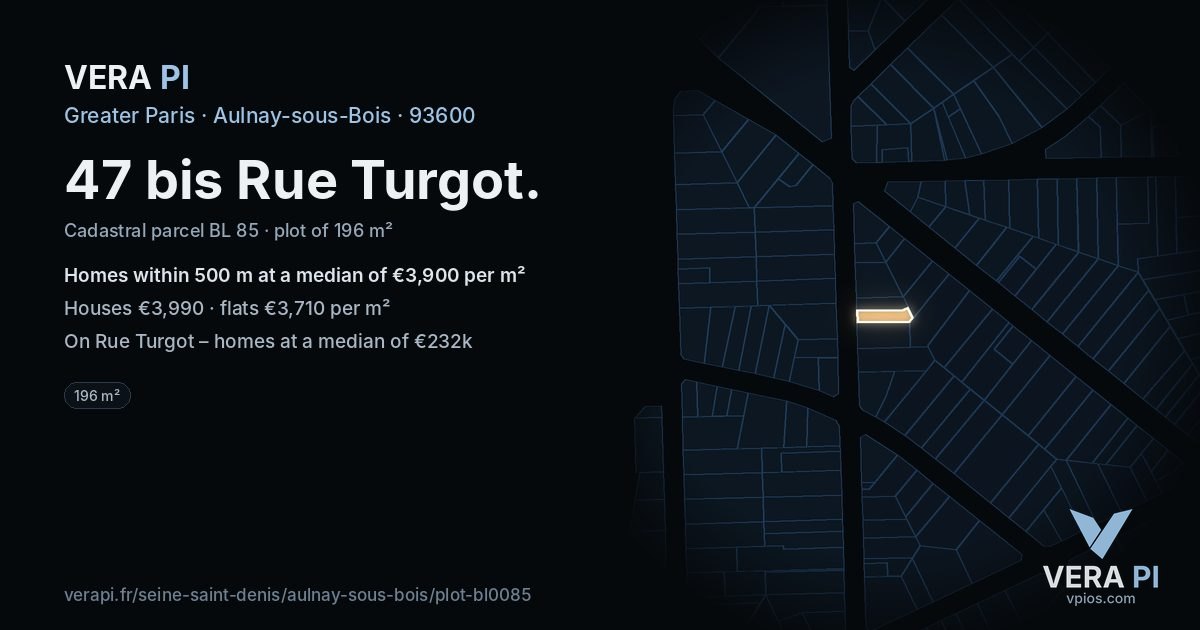 47 bis Rue Turgot, Aulnay-sous-Bois at night – the plot lit, the parcels around coloured by the prices near them