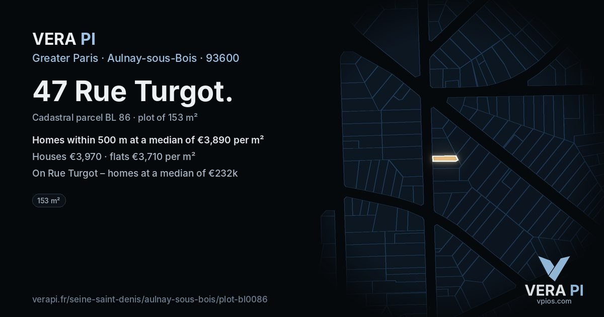 47 Rue Turgot, Aulnay-sous-Bois at night – the plot lit, the parcels around coloured by the prices near them
