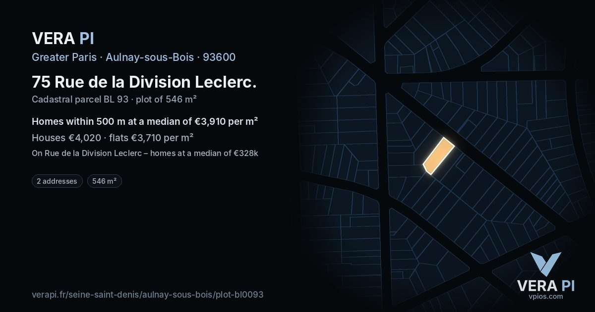75 Rue de la Division Leclerc, Aulnay-sous-Bois at night – the plot lit, the parcels around coloured by the prices near them