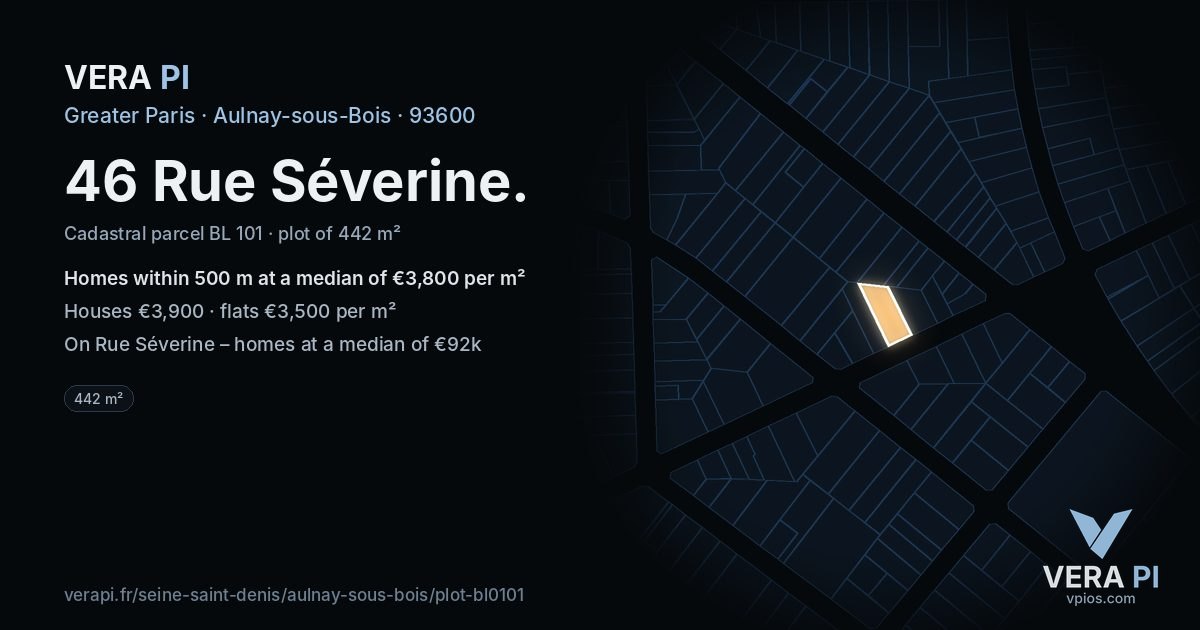 46 Rue Séverine, Aulnay-sous-Bois at night – the plot lit, the parcels around coloured by the prices near them