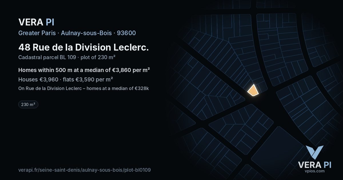 48 Rue de la Division Leclerc, Aulnay-sous-Bois at night – the plot lit, the parcels around coloured by the prices near them