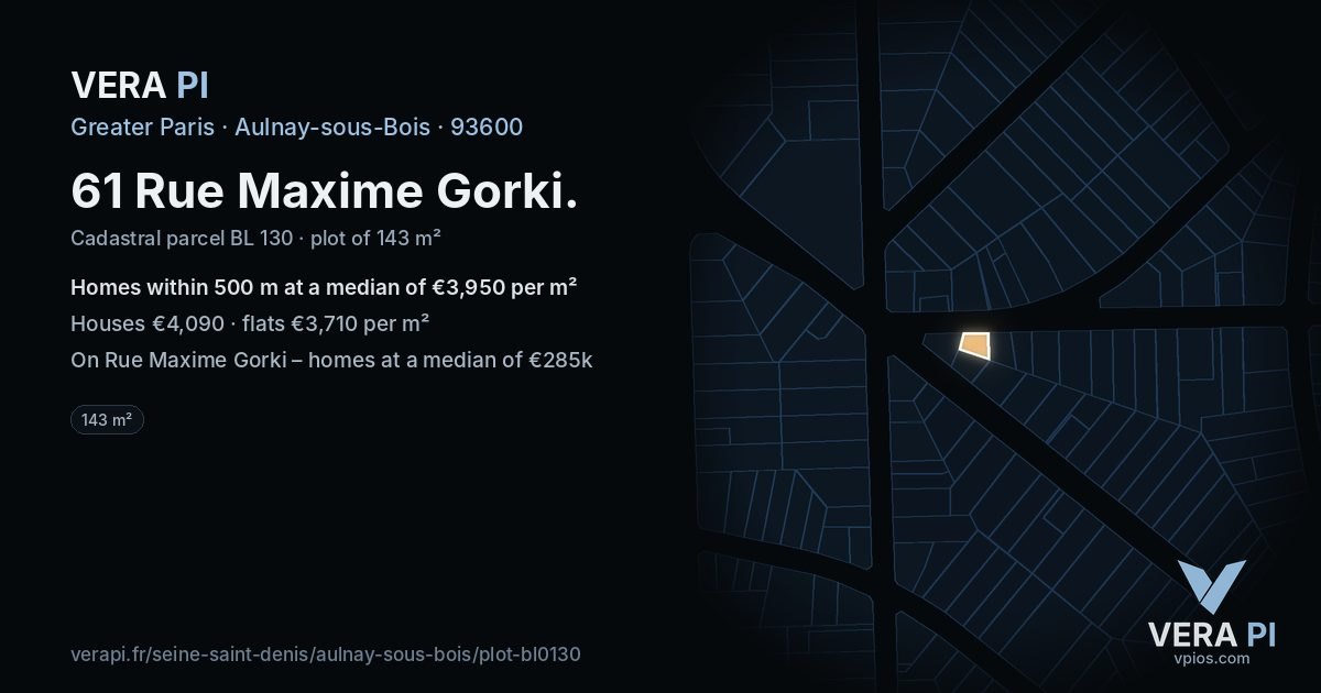 61 Rue Maxime Gorki, Aulnay-sous-Bois at night – the plot lit, the parcels around coloured by the prices near them