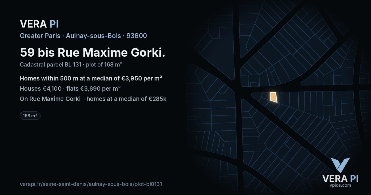 59 bis Rue Maxime Gorki, Aulnay-sous-Bois at night – the plot lit, the parcels around coloured by the prices near them