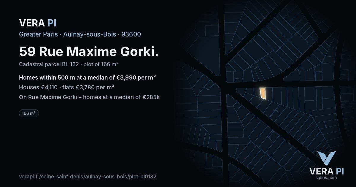 59 Rue Maxime Gorki, Aulnay-sous-Bois at night – the plot lit, the parcels around coloured by the prices near them
