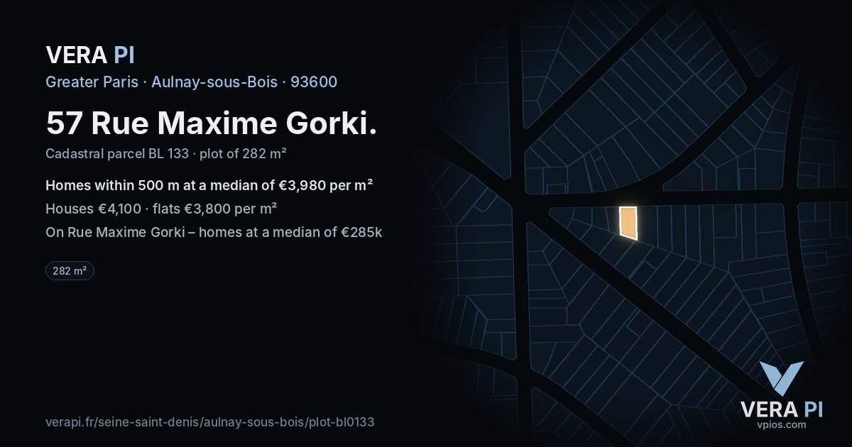 57 Rue Maxime Gorki, Aulnay-sous-Bois at night – the plot lit, the parcels around coloured by the prices near them