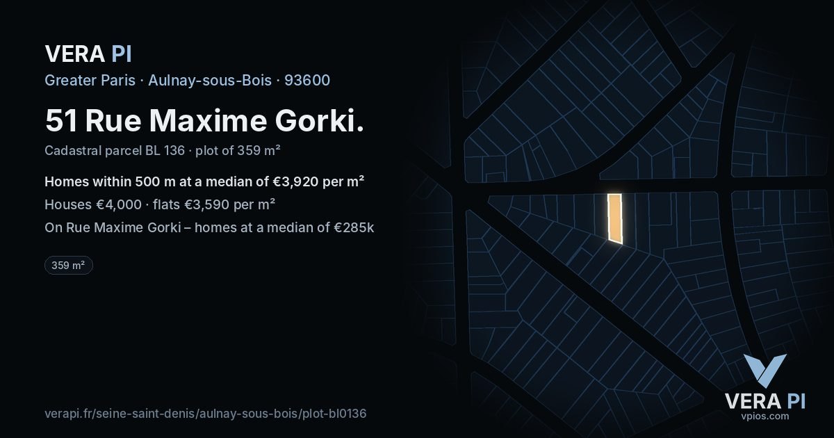 51 Rue Maxime Gorki, Aulnay-sous-Bois at night – the plot lit, the parcels around coloured by the prices near them