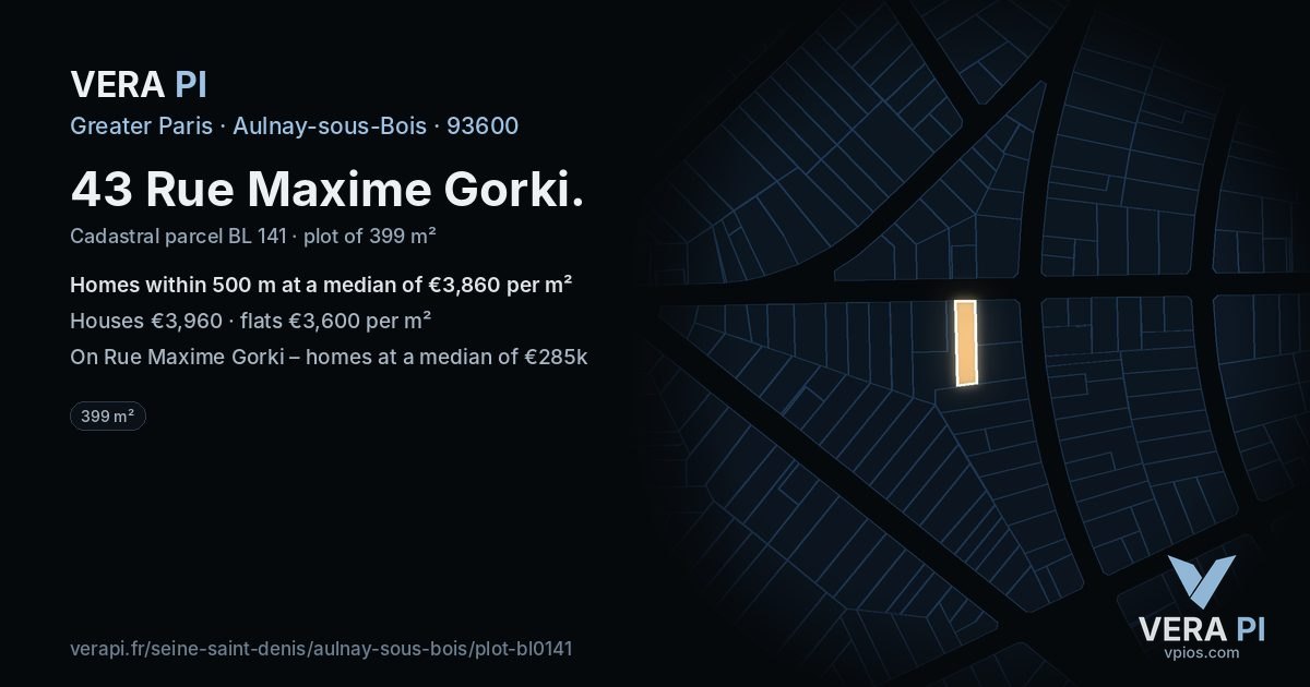43 Rue Maxime Gorki, Aulnay-sous-Bois at night – the plot lit, the parcels around coloured by the prices near them