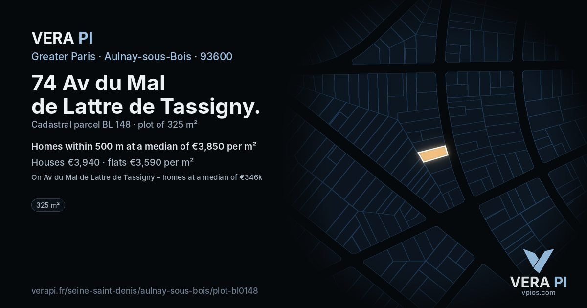 74 Av du Mal de Lattre de Tassigny, Aulnay-sous-Bois at night – the plot lit, the parcels around coloured by the prices near them