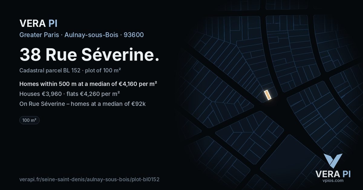 38 Rue Séverine, Aulnay-sous-Bois at night – the plot lit, the parcels around coloured by the prices near them