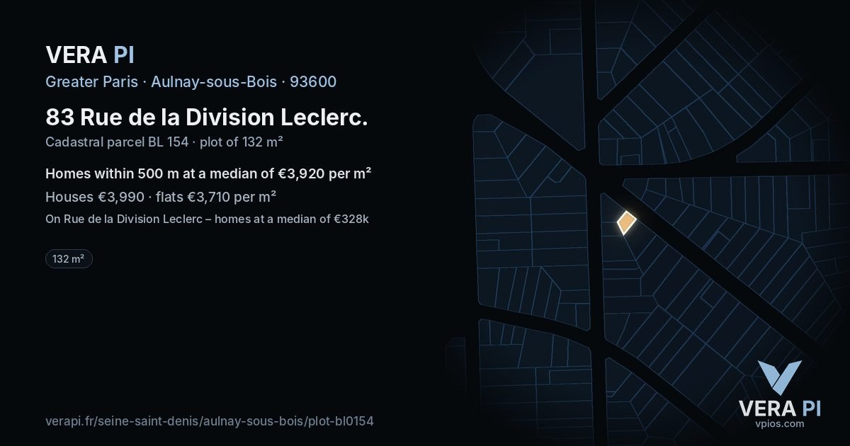 83 Rue de la Division Leclerc, Aulnay-sous-Bois at night – the plot lit, the parcels around coloured by the prices near them