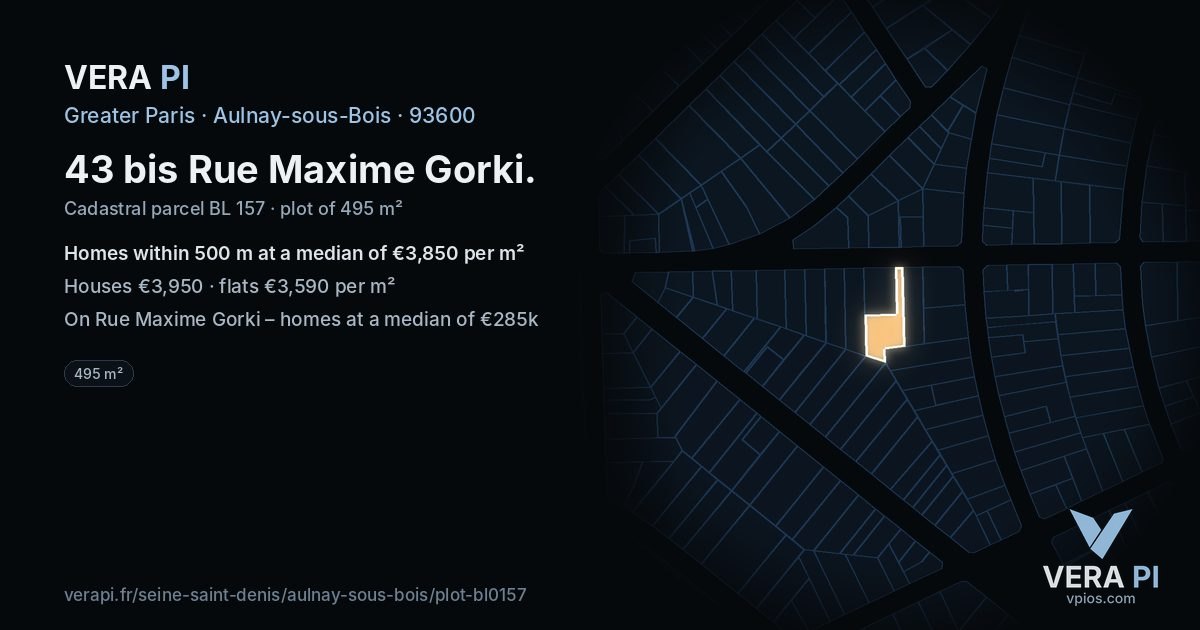 43 bis Rue Maxime Gorki, Aulnay-sous-Bois at night – the plot lit, the parcels around coloured by the prices near them