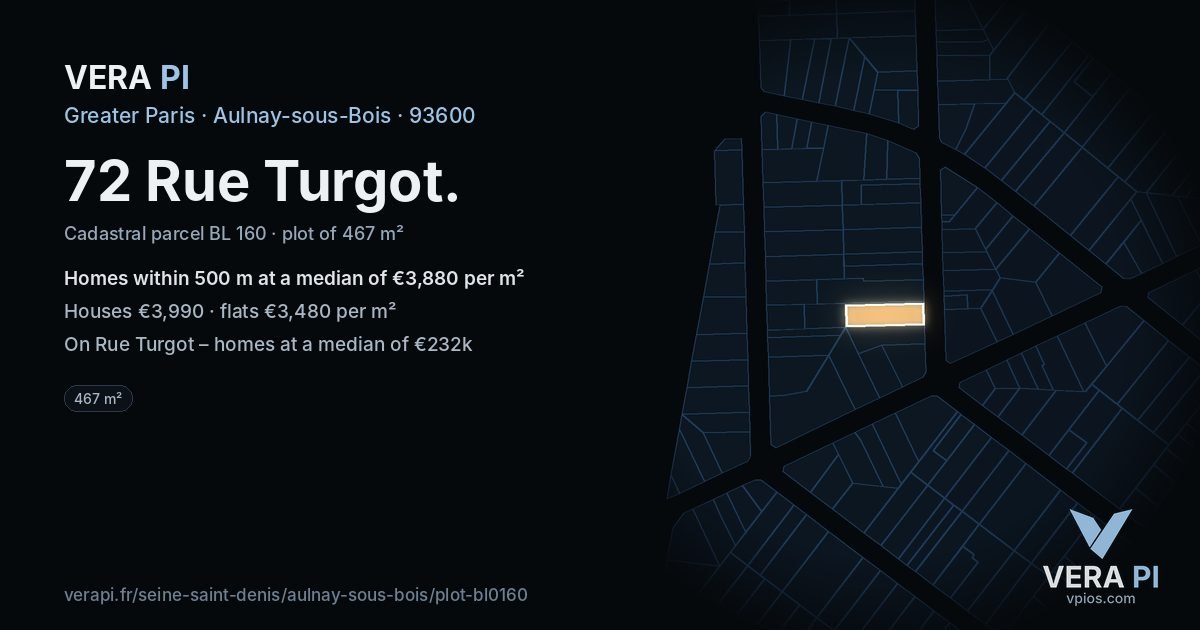 72 Rue Turgot, Aulnay-sous-Bois at night – the plot lit, the parcels around coloured by the prices near them