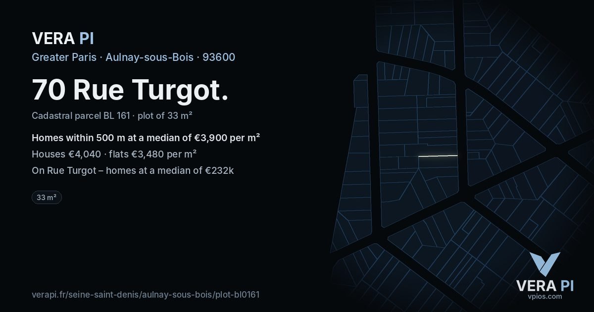 70 Rue Turgot, Aulnay-sous-Bois at night – the plot lit, the parcels around coloured by the prices near them