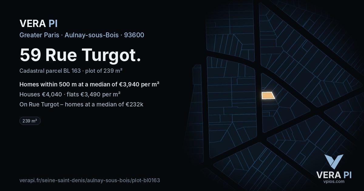 59 Rue Turgot, Aulnay-sous-Bois at night – the plot lit, the parcels around coloured by the prices near them