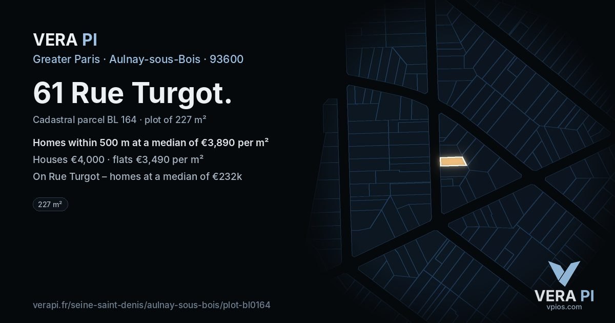 61 Rue Turgot, Aulnay-sous-Bois at night – the plot lit, the parcels around coloured by the prices near them