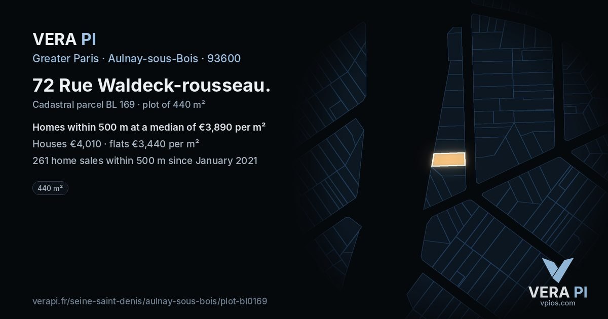72 Rue Waldeck-rousseau, Aulnay-sous-Bois at night – the plot lit, the parcels around coloured by the prices near them