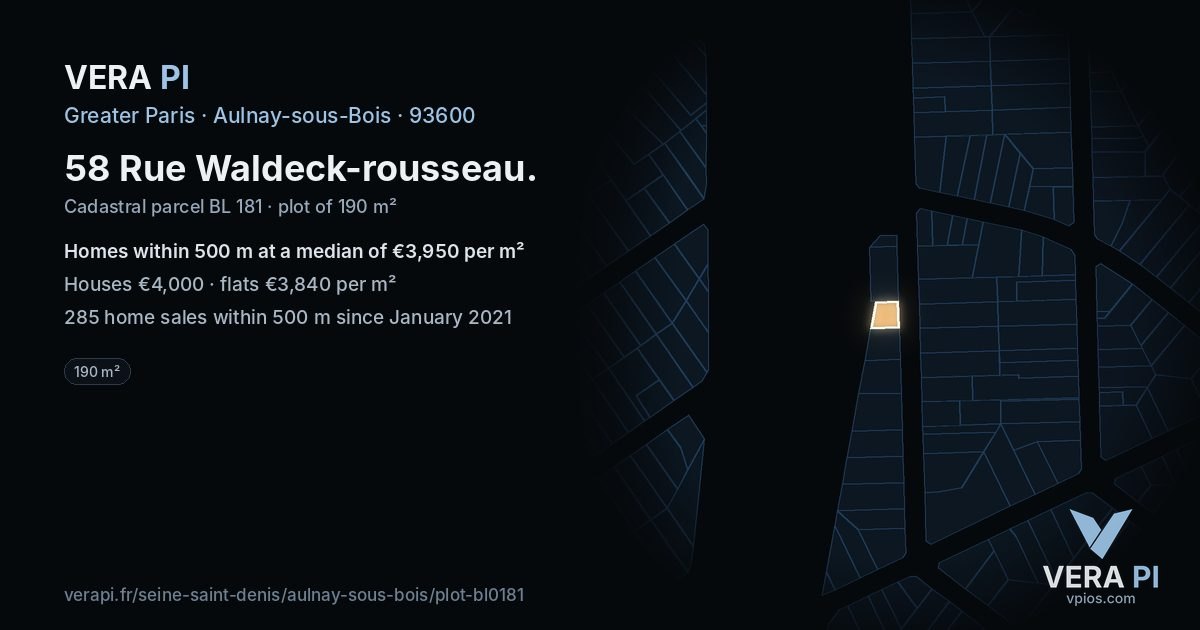 58 Rue Waldeck-rousseau, Aulnay-sous-Bois at night – the plot lit, the parcels around coloured by the prices near them