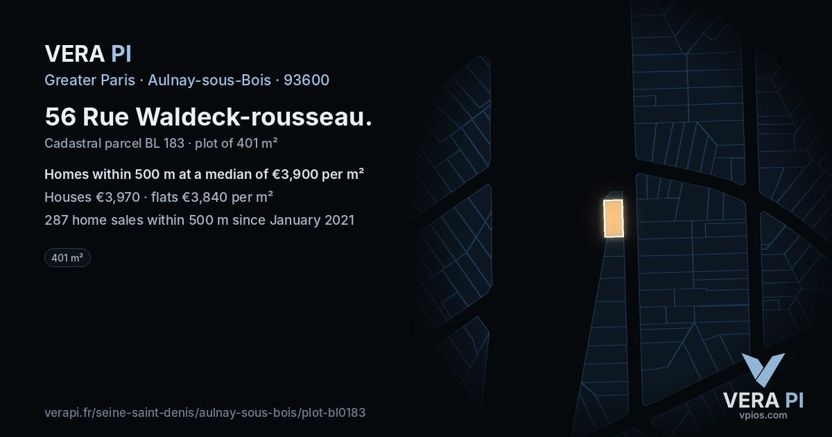 56 Rue Waldeck-rousseau, Aulnay-sous-Bois at night – the plot lit, the parcels around coloured by the prices near them