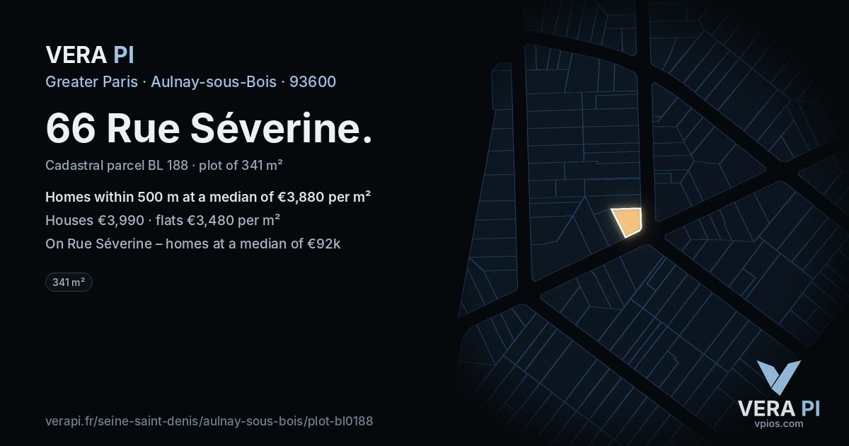 66 Rue Séverine, Aulnay-sous-Bois at night – the plot lit, the parcels around coloured by the prices near them
