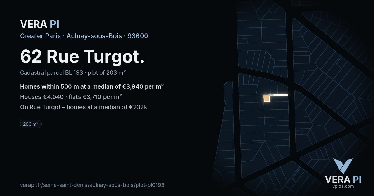62 Rue Turgot, Aulnay-sous-Bois at night – the plot lit, the parcels around coloured by the prices near them
