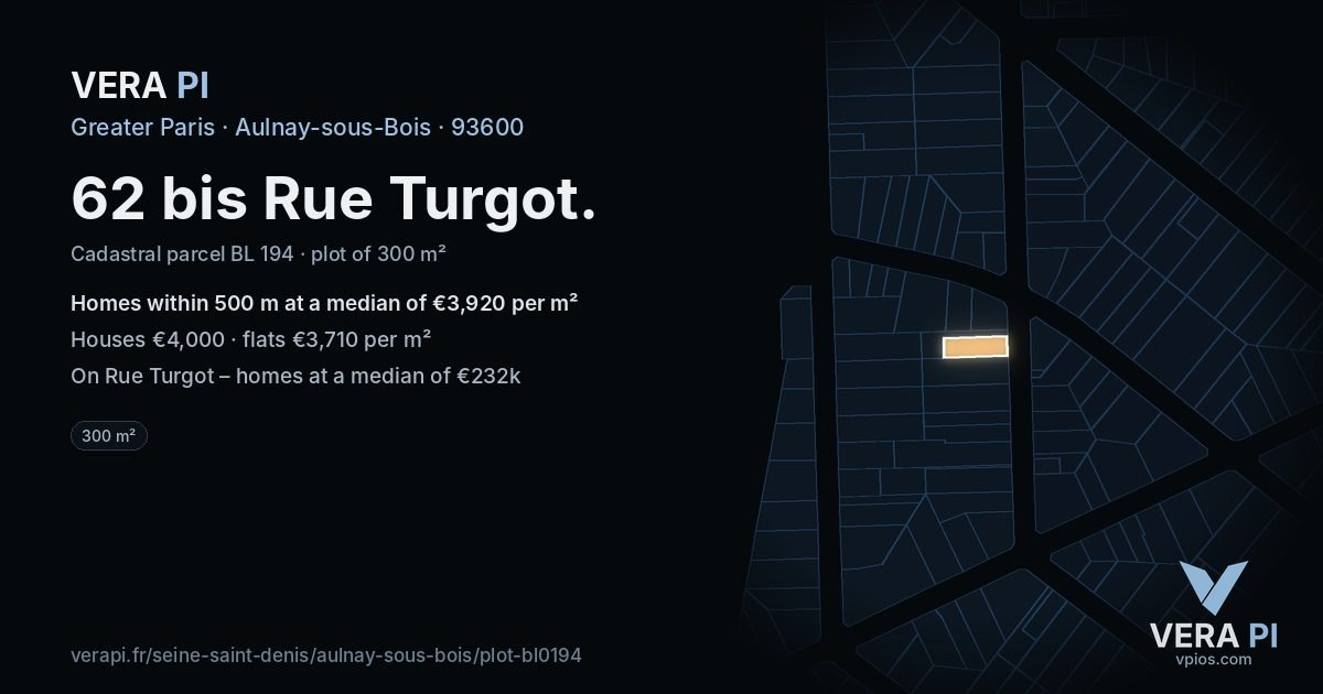 62 bis Rue Turgot, Aulnay-sous-Bois at night – the plot lit, the parcels around coloured by the prices near them
