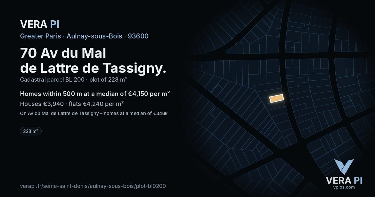 70 Av du Mal de Lattre de Tassigny, Aulnay-sous-Bois at night – the plot lit, the parcels around coloured by the prices near them