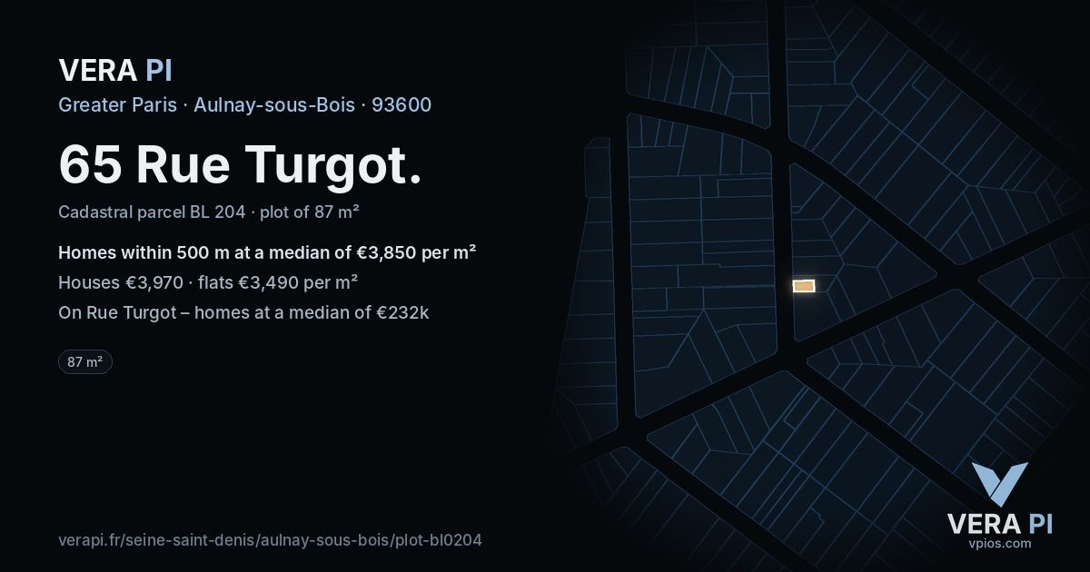 65 Rue Turgot, Aulnay-sous-Bois at night – the plot lit, the parcels around coloured by the prices near them
