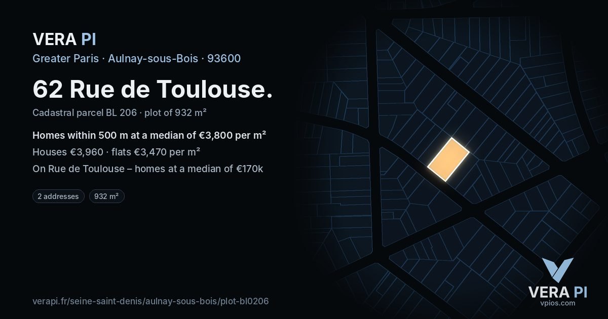 62 Rue de Toulouse, Aulnay-sous-Bois at night – the plot lit, the parcels around coloured by the prices near them