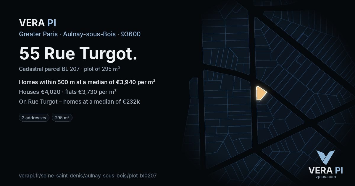55 Rue Turgot, Aulnay-sous-Bois at night – the plot lit, the parcels around coloured by the prices near them