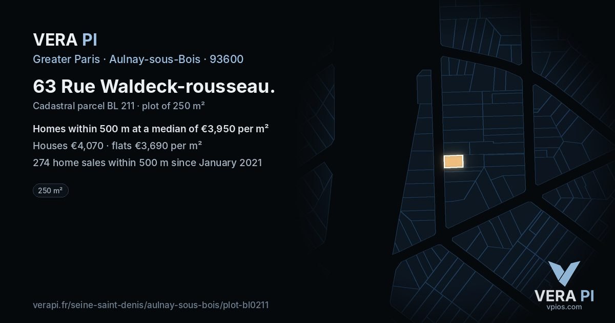 63 Rue Waldeck-rousseau, Aulnay-sous-Bois at night – the plot lit, the parcels around coloured by the prices near them