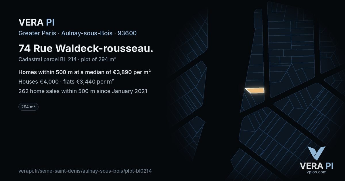 74 Rue Waldeck-rousseau, Aulnay-sous-Bois at night – the plot lit, the parcels around coloured by the prices near them