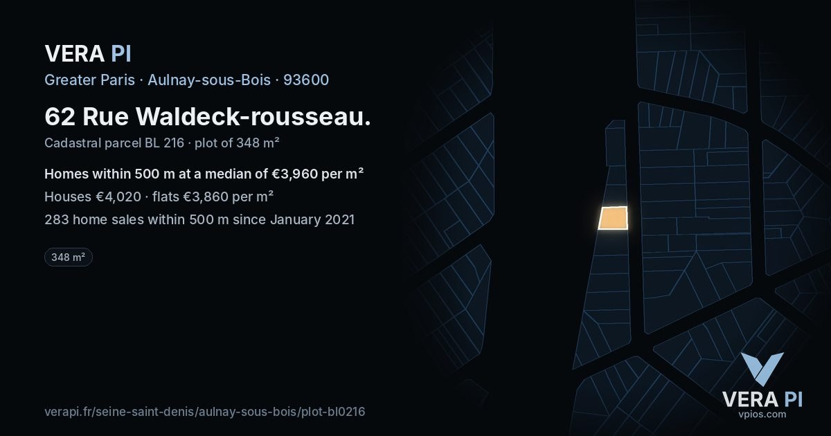 62 Rue Waldeck-rousseau, Aulnay-sous-Bois at night – the plot lit, the parcels around coloured by the prices near them