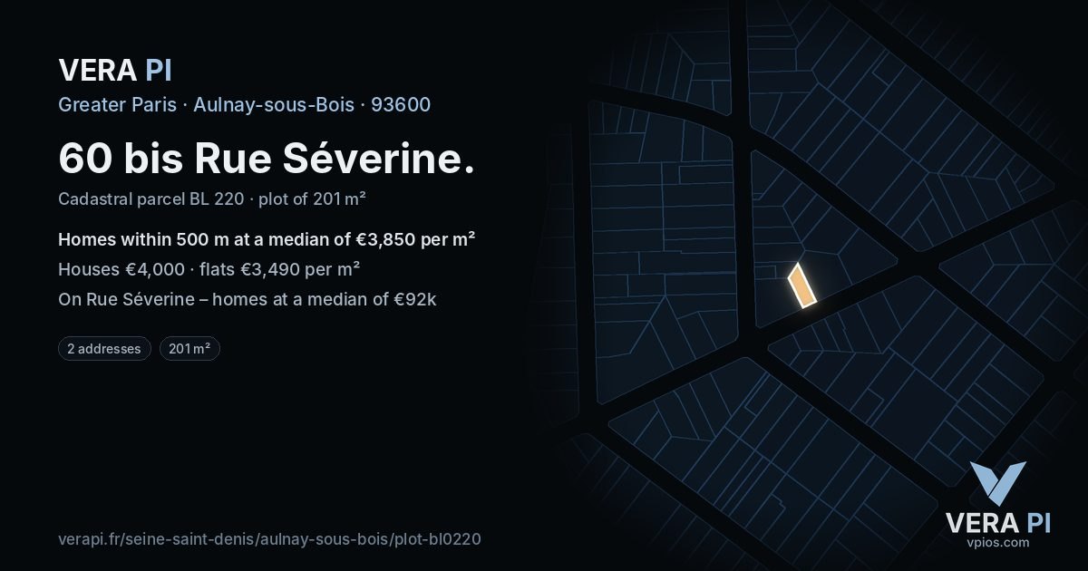60 bis Rue Séverine, Aulnay-sous-Bois at night – the plot lit, the parcels around coloured by the prices near them
