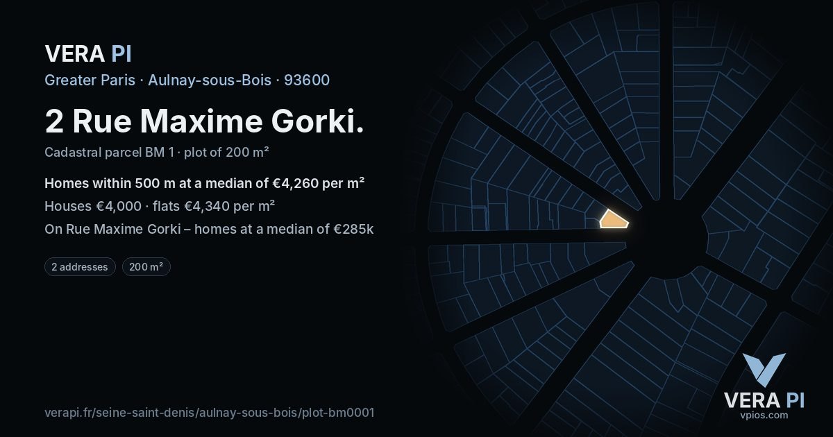 2 Rue Maxime Gorki, Aulnay-sous-Bois at night – the plot lit, the parcels around coloured by the prices near them