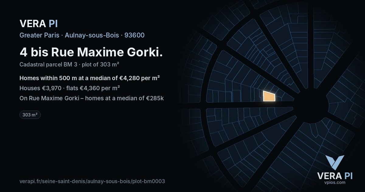 4 bis Rue Maxime Gorki, Aulnay-sous-Bois at night – the plot lit, the parcels around coloured by the prices near them