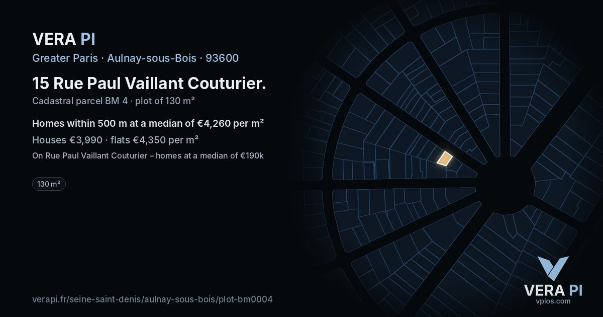 15 Rue Paul Vaillant Couturier, Aulnay-sous-Bois at night – the plot lit, the parcels around coloured by the prices near them