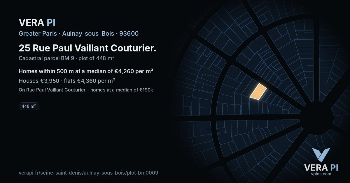 25 Rue Paul Vaillant Couturier, Aulnay-sous-Bois at night – the plot lit, the parcels around coloured by the prices near them