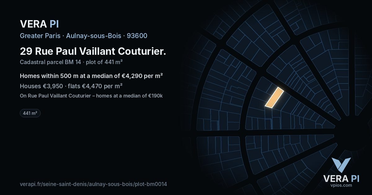 29 Rue Paul Vaillant Couturier, Aulnay-sous-Bois at night – the plot lit, the parcels around coloured by the prices near them