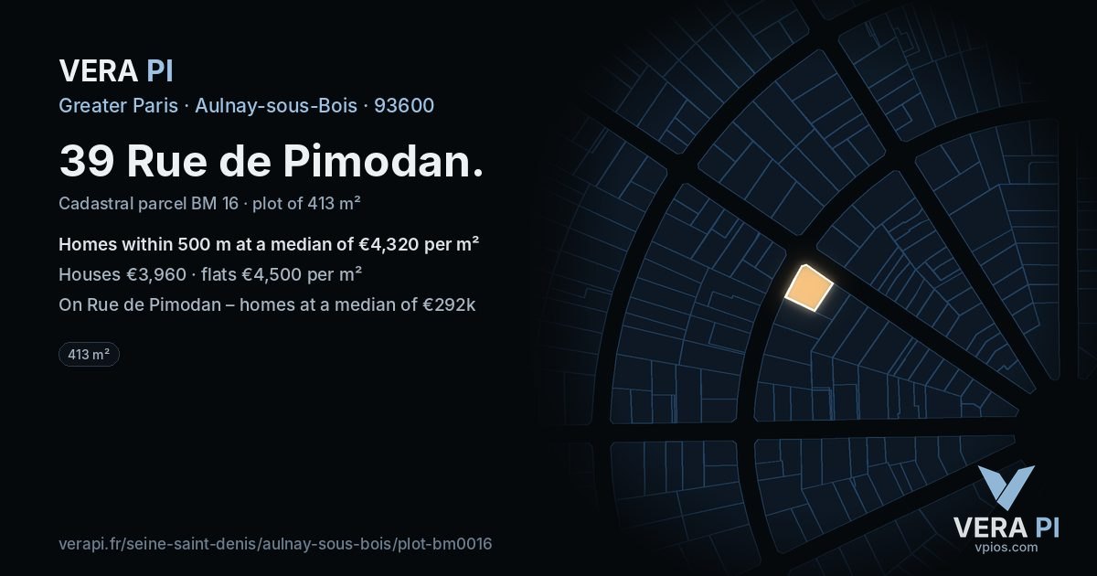 39 Rue de Pimodan, Aulnay-sous-Bois at night – the plot lit, the parcels around coloured by the prices near them