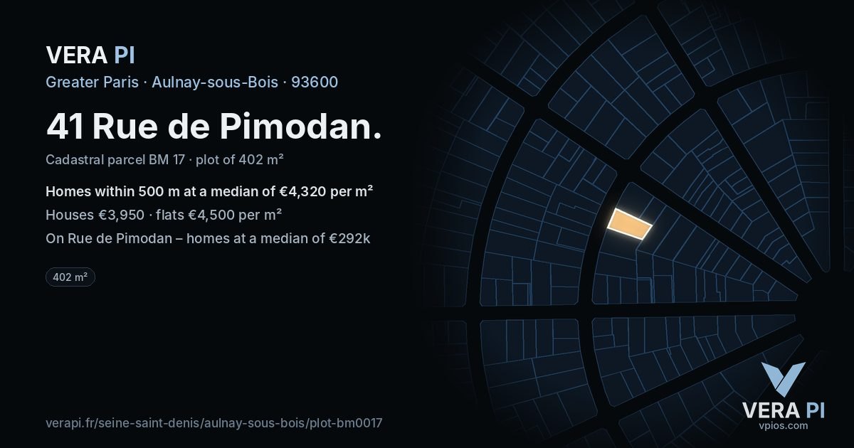 41 Rue de Pimodan, Aulnay-sous-Bois at night – the plot lit, the parcels around coloured by the prices near them