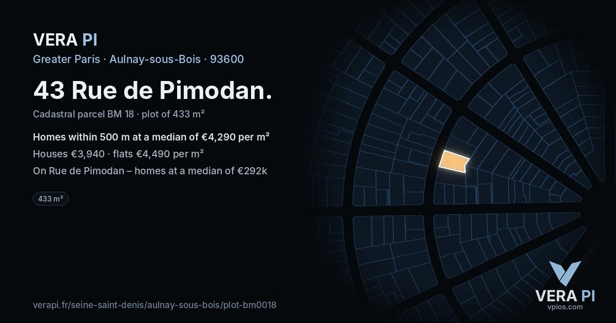 43 Rue de Pimodan, Aulnay-sous-Bois at night – the plot lit, the parcels around coloured by the prices near them