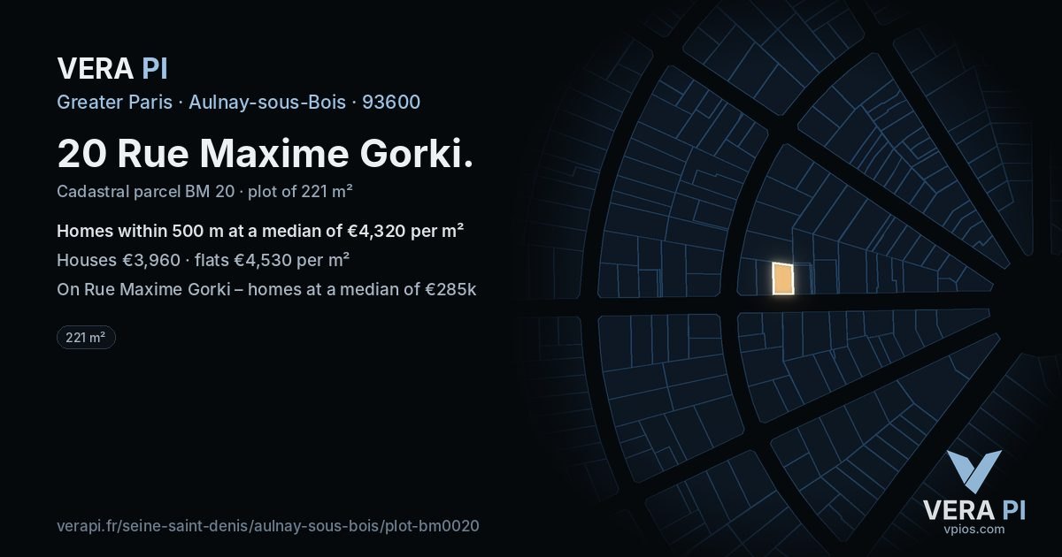 20 Rue Maxime Gorki, Aulnay-sous-Bois at night – the plot lit, the parcels around coloured by the prices near them