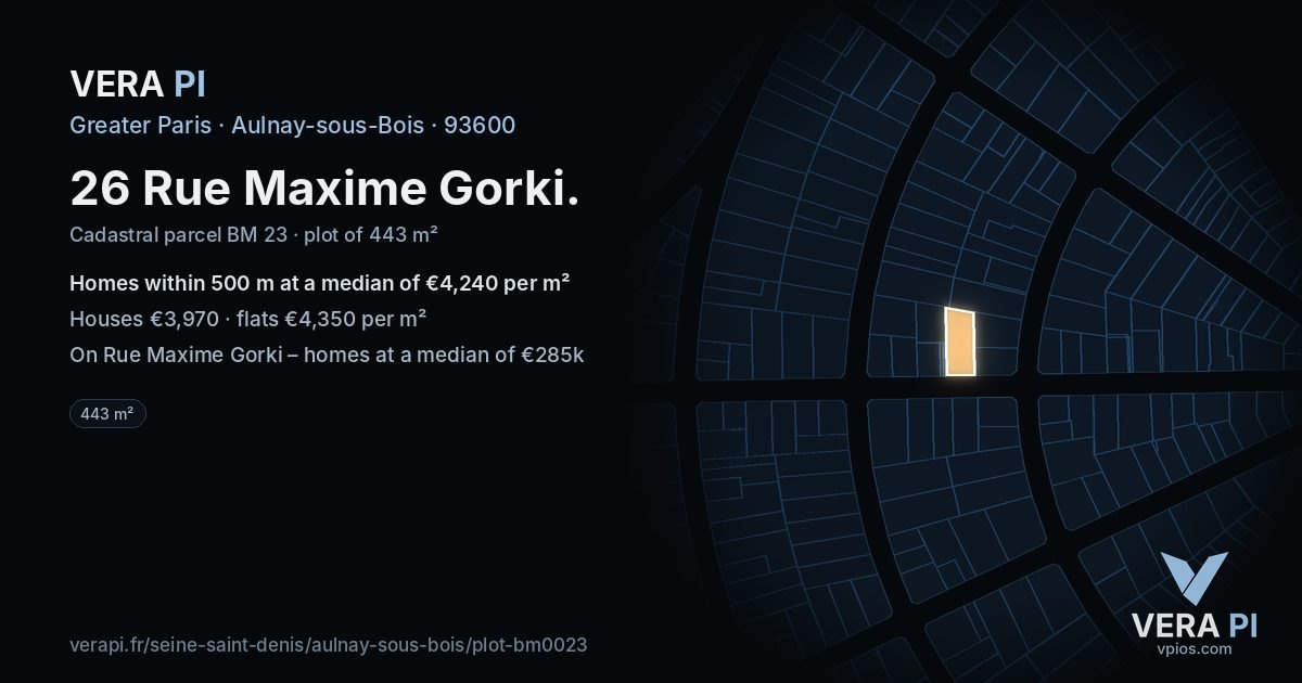 26 Rue Maxime Gorki, Aulnay-sous-Bois at night – the plot lit, the parcels around coloured by the prices near them