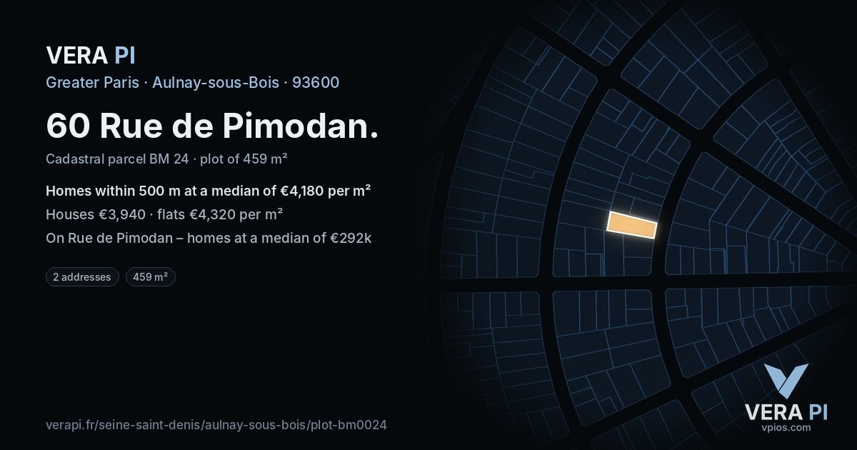 60 Rue de Pimodan, Aulnay-sous-Bois at night – the plot lit, the parcels around coloured by the prices near them