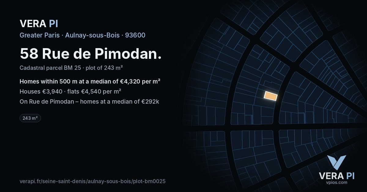 58 Rue de Pimodan, Aulnay-sous-Bois at night – the plot lit, the parcels around coloured by the prices near them