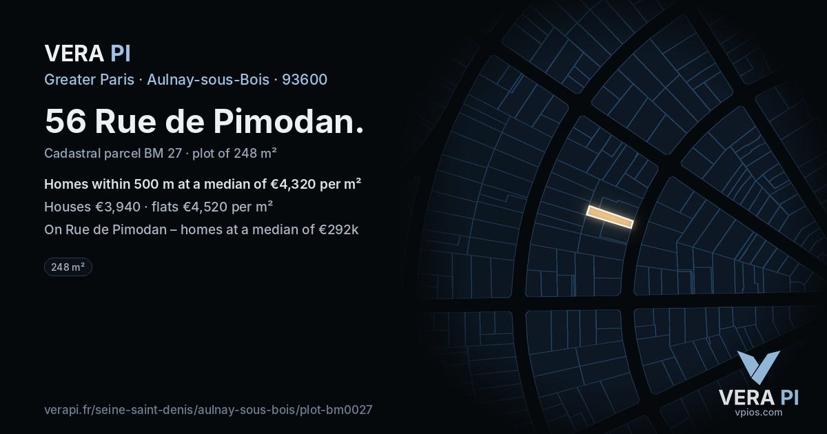 56 Rue de Pimodan, Aulnay-sous-Bois at night – the plot lit, the parcels around coloured by the prices near them