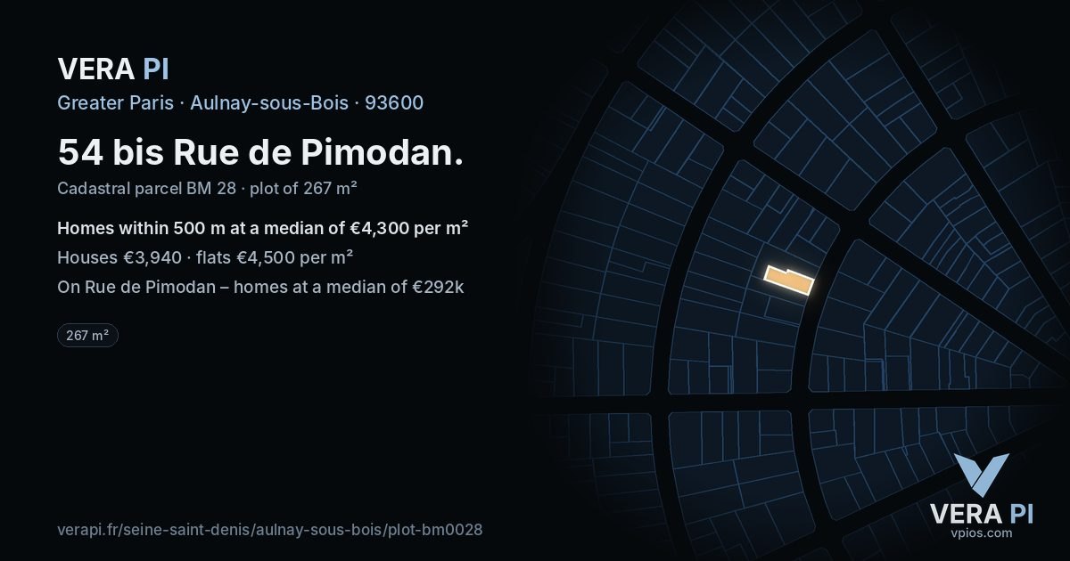 54 bis Rue de Pimodan, Aulnay-sous-Bois at night – the plot lit, the parcels around coloured by the prices near them