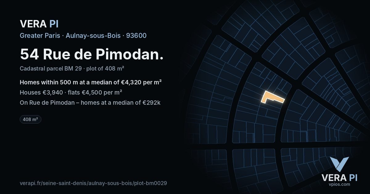 54 Rue de Pimodan, Aulnay-sous-Bois at night – the plot lit, the parcels around coloured by the prices near them